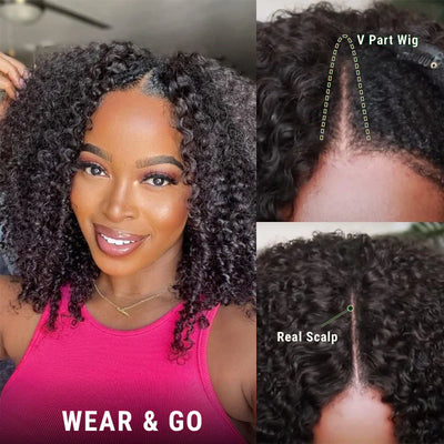 Kinky Curly V Part Wig Beginner Friendly No Glue 100% Virgin Human Hair Wig-Geeta Hair