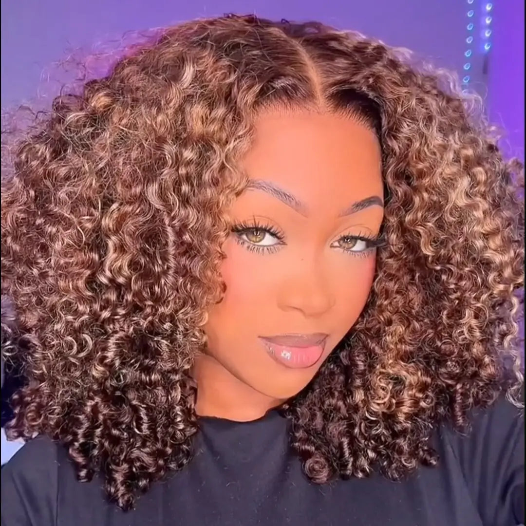 Wear And Go Glueless Wigs Highlight Brown Kinky Curly Bob Wigs Short Curly Human Hair 13x4 Lace Front Wig Pre Plucked 250% Density No Code Needed