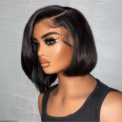 Braune Highlight-Seitenteil-Kurzhaar-Perücke im Bob-Stil, klebefrei, gerade, mit Spitze vorne, Echthaar-Perücken, vorgezupft 
