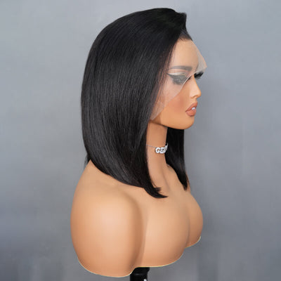 Sonderangebot Kurze glatte Perücken aus menschlichem Haar, ohne Kleber, C-förmige Bob-Perücke mit Seitenscheitel, Geeta Hair 