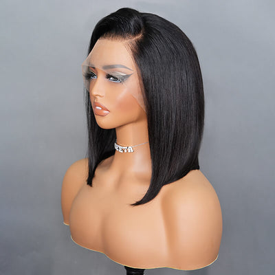 Sonderangebot Kurze glatte Perücken aus menschlichem Haar, ohne Kleber, C-förmige Bob-Perücke mit Seitenscheitel, Geeta Hair 