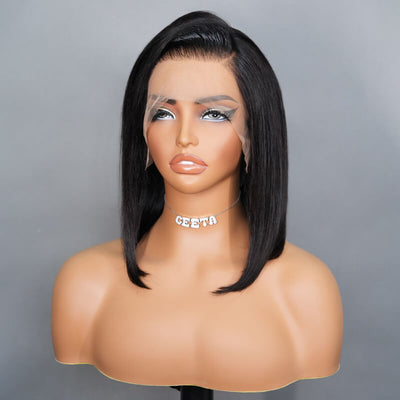 Sonderangebot Kurze glatte Perücken aus menschlichem Haar, ohne Kleber, C-förmige Bob-Perücke mit Seitenscheitel, Geeta Hair 