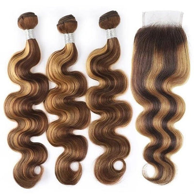 GeetaHair Highlight P4/27 Straight/Body Wave Human Hair 3 Bundles With 4x4 Lace Closure 100% Human Hair Extension Weaves - GeetaHair
