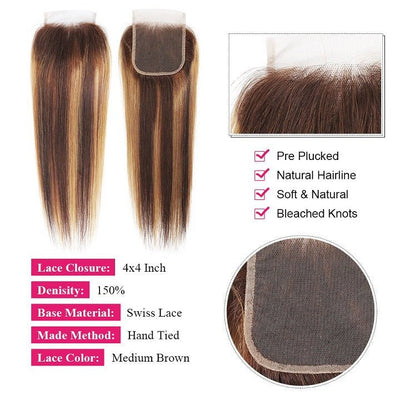 GeetaHair Highlight Brown Straight 3 Bundles With 4x4 Lace Closure Ombre Blonde 100% Real Human Hair Extensions - GeetaHair