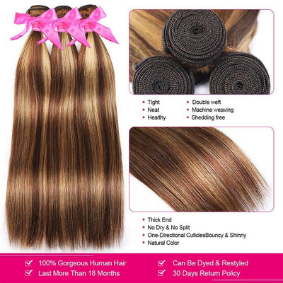 GeetaHair Highlight Brown Straight 3 Bundles With 4x4 Lace Closure Ombre Blonde 100% Real Human Hair Extensions - GeetaHair
