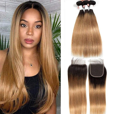 GeetaHair Ombre Blonde Straight/Body Wave 3 Bundles With 4x4 Lace Closure Unprocessed 100% Real Human Hair Extensions - GeetaHair