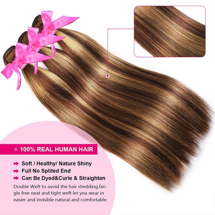 GeetaHair Highlight Brown Straight 3 Bundles With 4x4 Lace Closure Ombre Blonde 100% Real Human Hair Extensions - GeetaHair