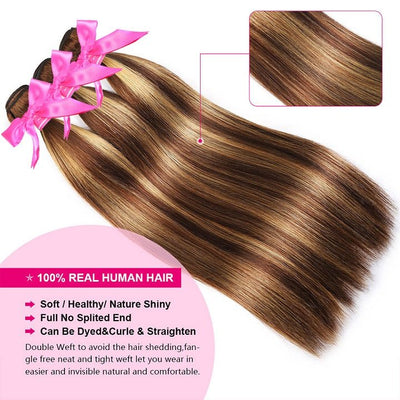 GeetaHair Highlight Brown Straight 3 Bundles With 4x4 Lace Closure Ombre Blonde 100% Real Human Hair Extensions - GeetaHair