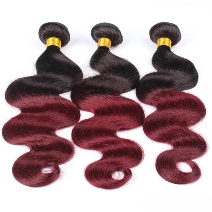 GeetaHair Ombre Burgundy Body Wave Human Hair 3 Bundles With 4x4 Lace Closure 1B99J 100% Human Hair Extension Weaves - GeetaHair
