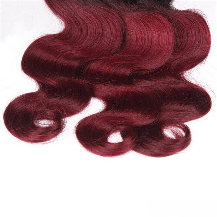 GeetaHair Ombre Burgundy Body Wave Human Hair 3 Bundles With 4x4 Lace Closure 1B99J 100% Human Hair Extension Weaves - GeetaHair