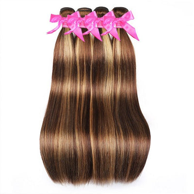 GeetaHair Highlight Brown Straight 3 Bundles With 4x4 Lace Closure Ombre Blonde 100% Real Human Hair Extensions - GeetaHair