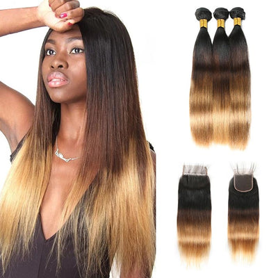 GeetaHair Straight Blonde Human Hair 3 Bundles With 4x4 Lace Closure 3Tone (T1b427) 100% Human Hair Extension Weaves - GeetaHair