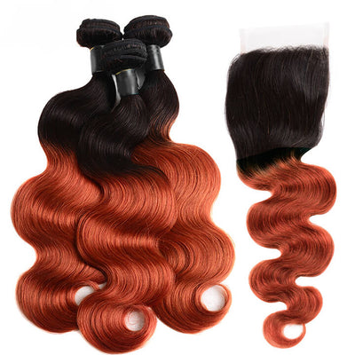 GeetaHair Ombre Ginger Body Wave 3 Bundles With 4x4 Lace Closure Ombre Orange 100% Real Human Hair Extensions - GeetaHair