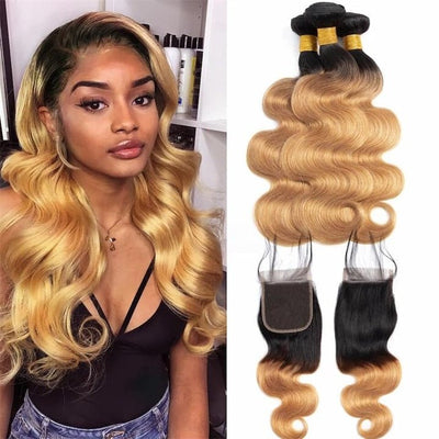 GeetaHair Ombre Blonde Straight/Body Wave 3 Bundles With 4x4 Lace Closure Unprocessed 100% Real Human Hair Extensions - GeetaHair