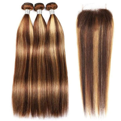 GeetaHair Highlight P4/27 Straight/Body Wave Human Hair 3 Bundles With 4x4 Lace Closure 100% Human Hair Extension Weaves - GeetaHair
