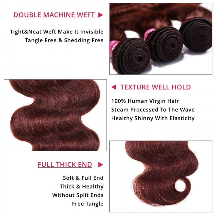 GeetaHair Reddish Brown Body Wave 3 Bundles With 4x4 Lace Closure 100% Real Human Hair Extensions - GeetaHair