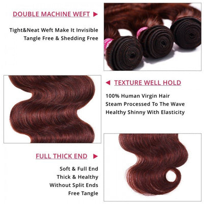 GeetaHair Reddish Brown Body Wave 3 Bundles With 4x4 Lace Closure 100% Real Human Hair Extensions - GeetaHair