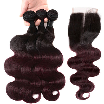 GeetaHair Brazilian Body Wave 3 Bundles With 4x4 Lace Closure Ombre Burgundy 100% Real Human Hair Extensions - GeetaHair