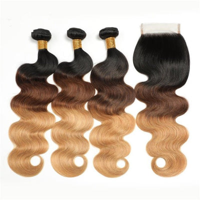 GeetaHair Ombre Blonde Body Wave Human Hair 3 Bundles With 4x4 Lace Closure 100% Human Hair Extension Weaves - GeetaHair