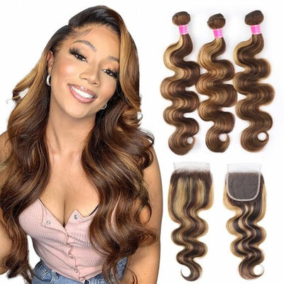 GeetaHair Highlight P4/27 Straight/Body Wave Human Hair 3 Bundles With 4x4 Lace Closure 100% Human Hair Extension Weaves - GeetaHair