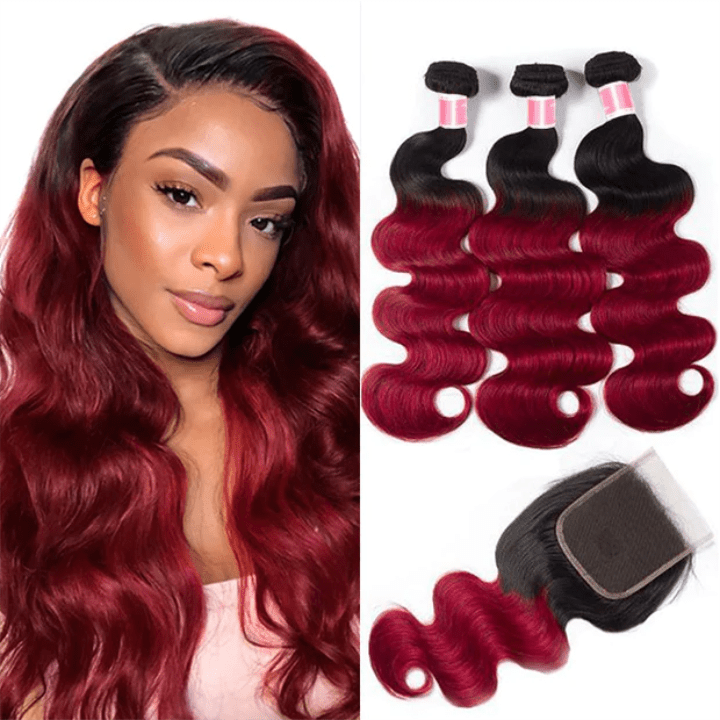 GeetaHair Ombre Burgundy Body Wave Human Hair 3 Bundles With 4x4 Lace Closure 1B99J 100% Human Hair Extension Weaves - GeetaHair