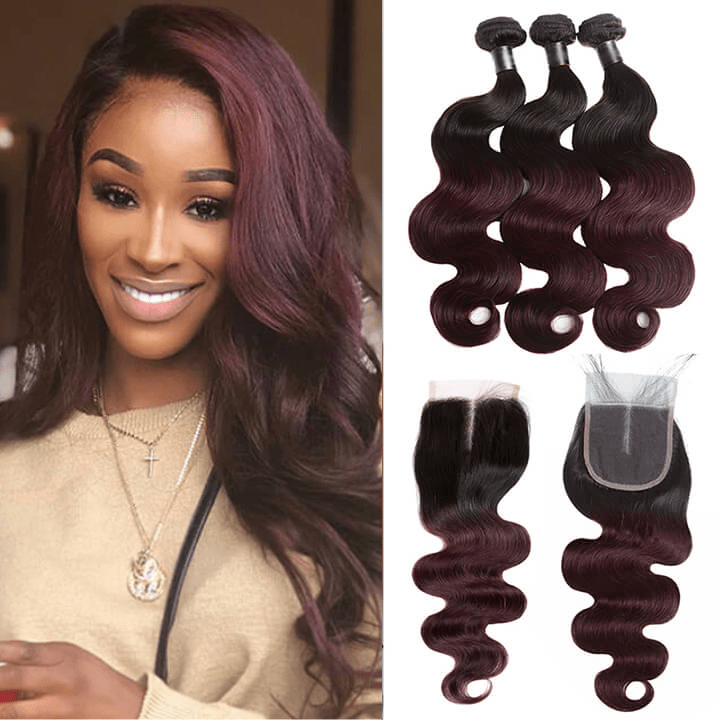 GeetaHair Brazilian Body Wave 3 Bundles With 4x4 Lace Closure Ombre Burgundy 100% Real Human Hair Extensions - GeetaHair