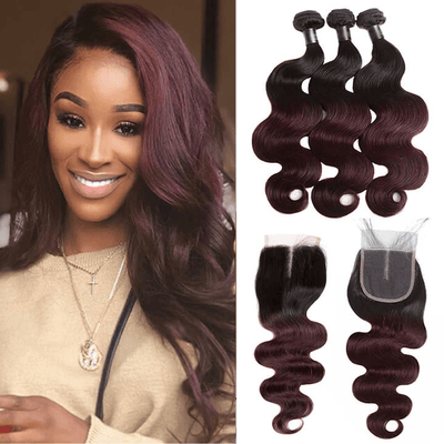 GeetaHair Brazilian Body Wave 3 Bundles With 4x4 Lace Closure Ombre Burgundy 100% Real Human Hair Extensions - GeetaHair