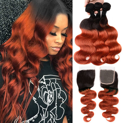 GeetaHair Ombre Ginger Body Wave 3 Bundles With 4x4 Lace Closure Ombre Orange 100% Real Human Hair Extensions - GeetaHair