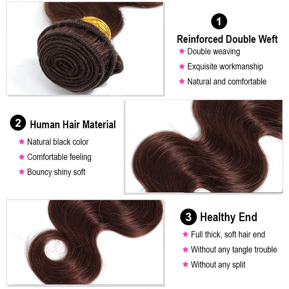 GeetaHair Light Brown Body Wave 3 Bundles With 4x4 Lace Closure Unprocessed 100% Real Human Hair Extensions - GeetaHair