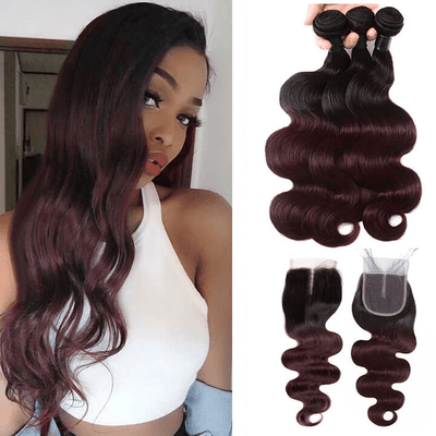 GeetaHair Brazilian Body Wave 3 Bundles With 4x4 Lace Closure Ombre Burgundy 100% Real Human Hair Extensions - GeetaHair