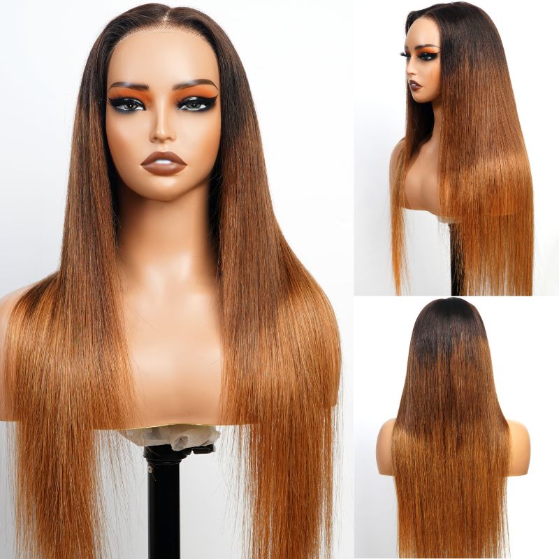Long Straight Brown Ombre Blonde Wigs With Black Roots Human hair Wigs For Women And Girls