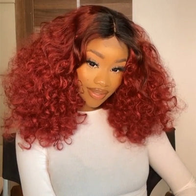 Ombre 1B/Red Lace Front Wigs Human Hair Bouncy Curly Wave Lace Front Wig Pre Plucked 180% Density Glueless Lace Front Curly Human Hair Wigs - GeetaHair