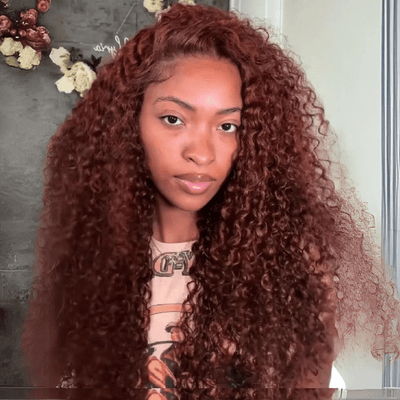 Reddish Brown Curly 13x4 Lace Front Wig Copper Red Glueless Human Hair Wig 250% Density - GeetaHair
