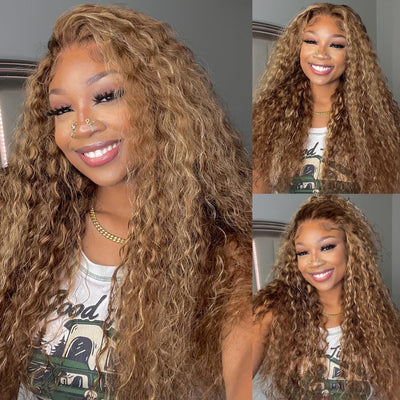 Honey Blonde Highlight Water Wave 13x4 Lace Front Wigs Human Hair Ombre Curly HD Transparent Lace Frontal Wigs for Women - GeetaHair