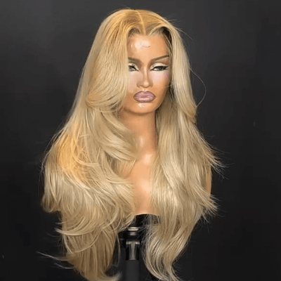 Geeta Long Wavy Bangs Golden Blonde Lace Front Wigs 13x4 Natural Wavy Glueless Wigs Pre Plucked 250% Density - GeetaHair