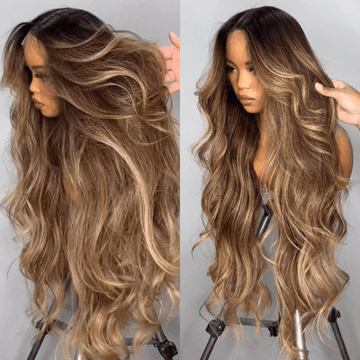 Geeta Highlight Blonde Color Long Wavy Human Hair Wigs Ombre Blonde Balayage Lace Front Wigs - GeetaHair