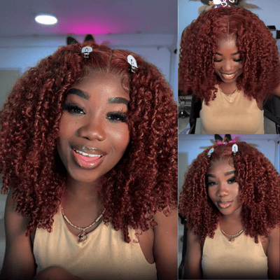 Reddish Brown Kinky Curly 13x4 HD Transparent Lace Front Wig Human Hair Bob Wigs - Geetahair - GeetaHair