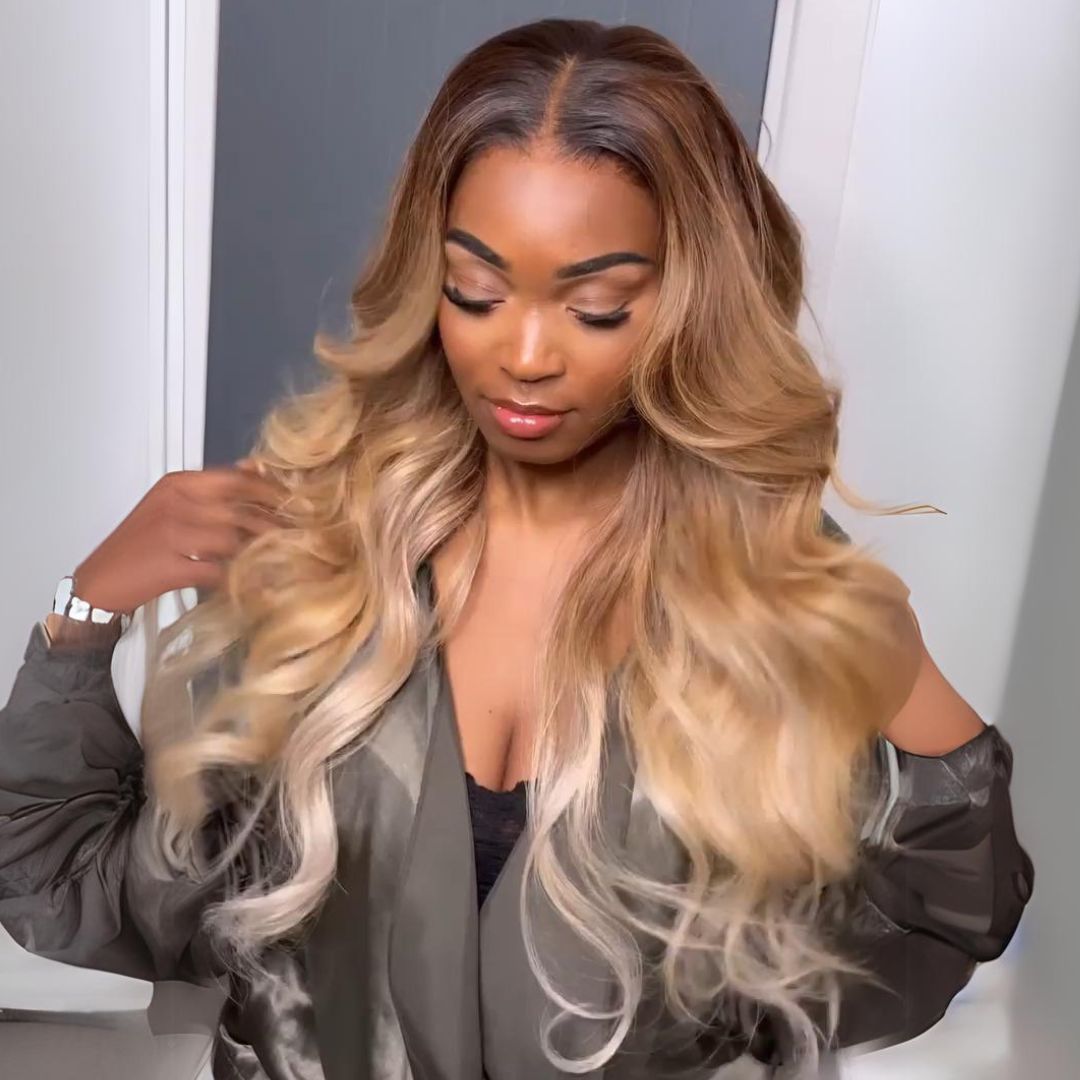 Ombre Honey Blonde Human Hair Wigs Natural Wavy 13x4 Lace Front Wig 180% Density Pre Plucked Honey Blonde Body Wave Wigs For Black Women - GeetaHair