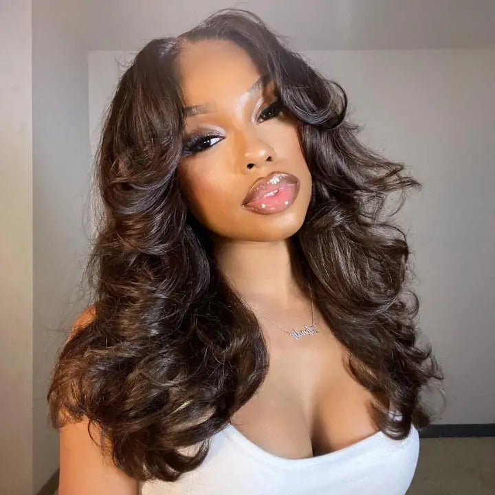 Layered Cut Human Hair Wigs Gluless Body Wave Pre Cut Lace Wigs With Curtain Bangs Long Hair - GeetaHair