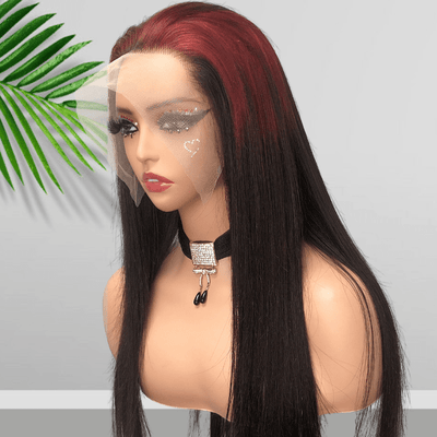 Sparkle burgundy Roots Long Straight 13x4/4x4 Lace Front Wig Ombre 99J Colored Bone Straight Human Hair Wigs - Geeta Hair - GeetaHair