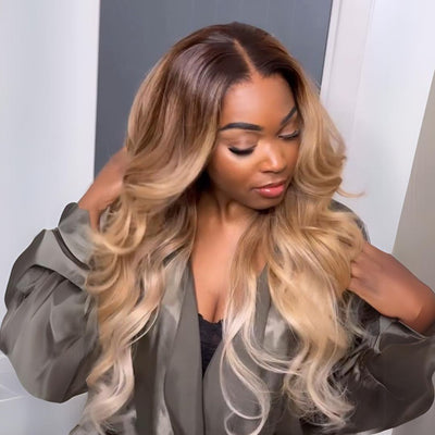 Ombre Honey Blonde Human Hair Wigs Natural Wavy 13x4 Lace Front Wig 180% Density Pre Plucked Honey Blonde Body Wave Wigs For Black Women - GeetaHair