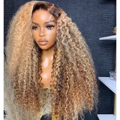 Geeta Honey Blonde Highlight Curly 13x4 Lace Front Human Hair Wigs Colored Glueless Wigs - GeetaHair