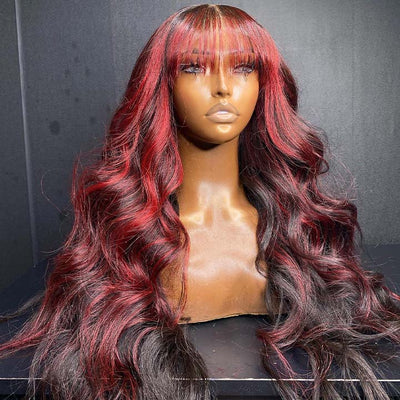 Xmas Sale Burgundy With Black Highlight Red 13x4 Lace Frontal Wig Body Wave Human Hair Wigs With Bangs Glueless Pre Plucked - GeetaHair