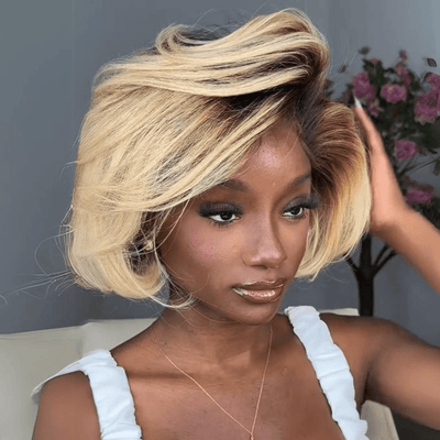 Short Bob Wigs T2/613 Custom 13x4 Lace Front Human Hair Wigs Blonde Bob Wigs With Dark Brown Roots - GeetaHair