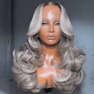 Ombre Ash Blonde With Black Roots Colored Body Wave Human Hair Wig For Women 13X4 Lace Front Wig Pre - Plucked - GeetaHair