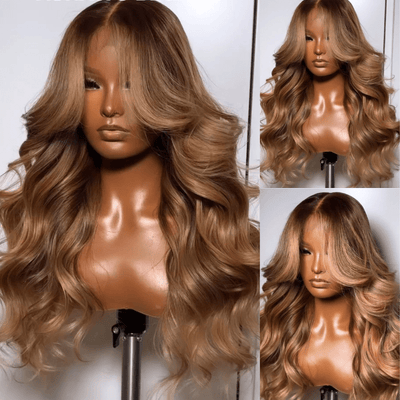 Geeta Dark Brown Curtain Bangs 13x4 Lace Front Wig Brown with Blonde Highlights Lace Front Human Hair Wigs - GeetaHair