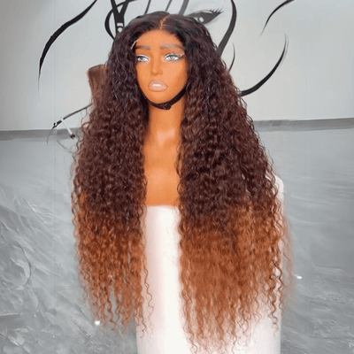 Ombre Brown Curly Lace Front Wigs Human Hair Pre Plucked Deep Curly Wave 13x4 HD Lace Frontal Wigs - GeetaHair