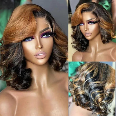 Brown Highlight Bob Wig Short Human Hair Body Wave Lace Front Wigs for Women Colored Bob Wig - GeetaHair