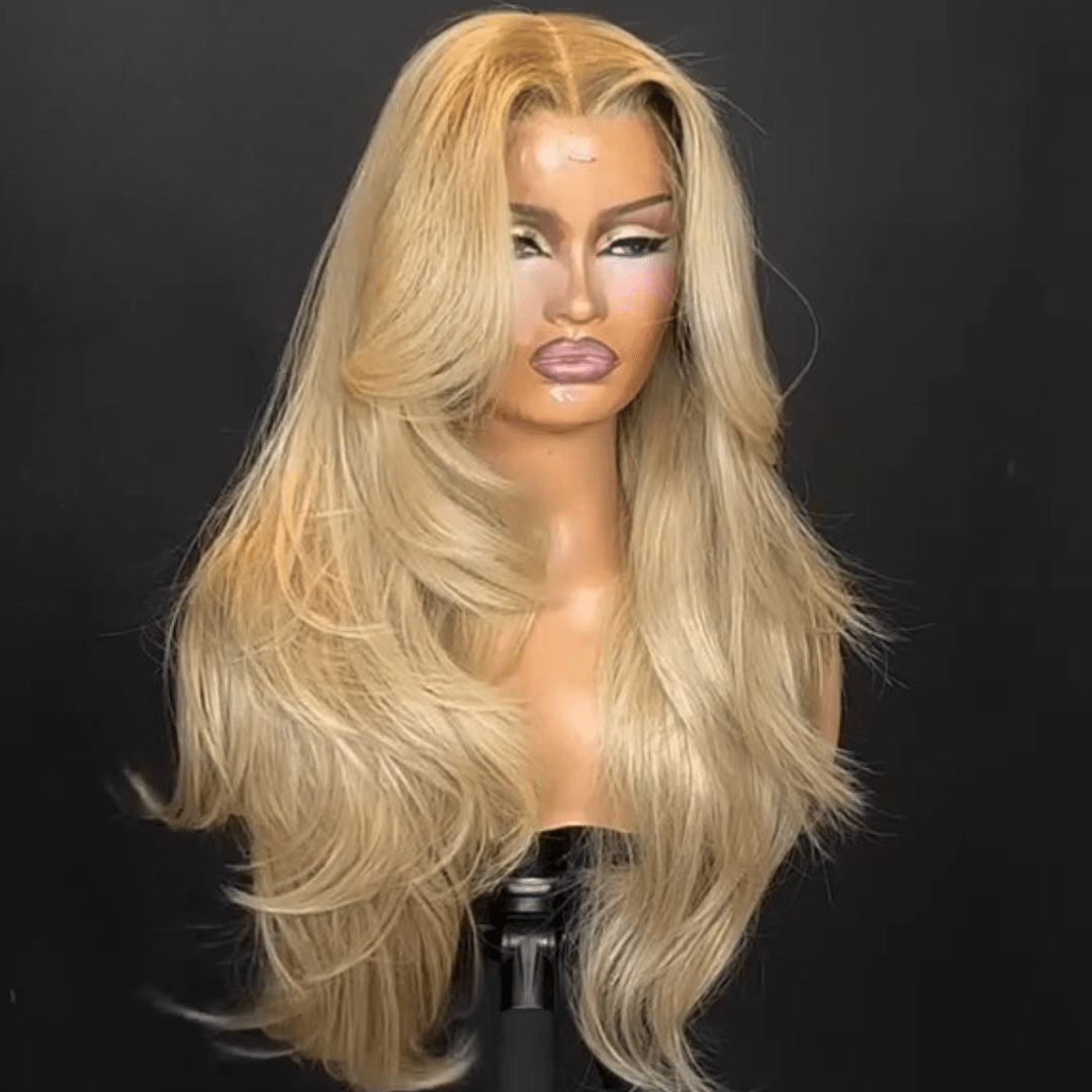 Geeta Long Wavy Bangs Golden Blonde Lace Front Wigs 13x4 Natural Wavy Glueless Wigs Pre Plucked 250% Density - GeetaHair