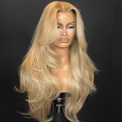 Geeta Long Wavy Bangs Golden Blonde Lace Front Wigs 13x4 Natural Wavy Glueless Wigs Pre Plucked 250% Density - GeetaHair
